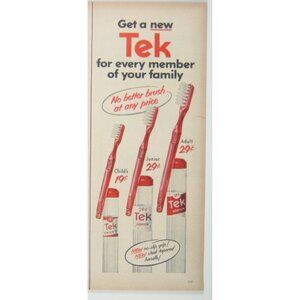 Vintage Tek Red Toothbrushes Childs Junior Adult Sizes Print AD 1950 MOD